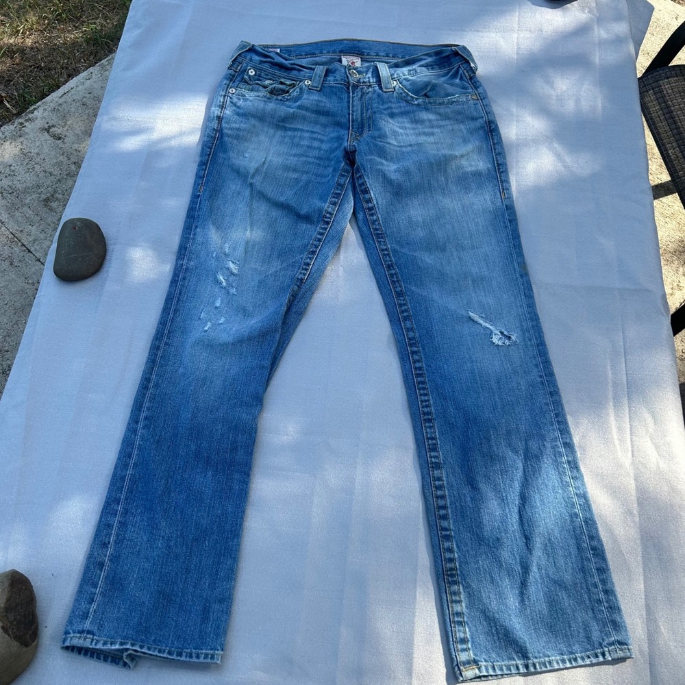True Religion Mens Distressed Straight Leg Jeans Size 33 Blue Horseshoe Pockets